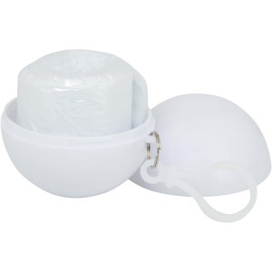 Fog poncho in round plastic container with carabiner, White