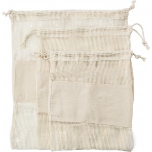 Set of three reusasable cotton mesh produce bags Adele, khak
