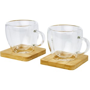 Manti 2-piece 100 ml double-wall glass cup with bamboo coaster, Transparent, Natural (Mugs)