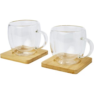 Manti 2-piece 250 ml double-wall glass cup with bamboo coaster, Transparent, Natural (Mugs)