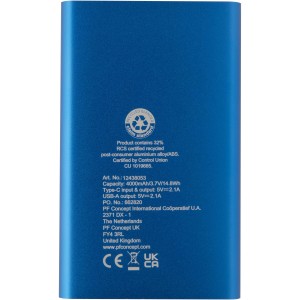 Pep 4000 mAh Type-C recycled aluminium power bank, Royal blu (Powerbanks)