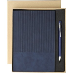Recycled PU notebook (A5) and ballpen set Tarek, blue (Notebooks)