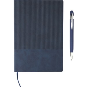 Recycled PU notebook (A5) and ballpen set Tarek, blue (Notebooks)