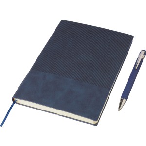 Recycled PU notebook (A5) and ballpen set Tarek, blue (Notebooks)
