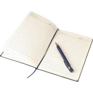 Recycled PU notebook (A5) and ballpen set Tarek, blue (Notebooks)