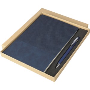Recycled PU notebook (A5) and ballpen set Tarek, blue (Notebooks)